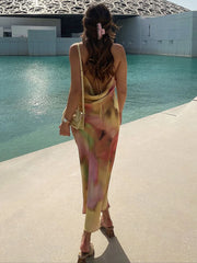 Sexy Open Back Tie Elegant Party Dress Summer Slip Dress For Women 2024 Cowl Neck Spaghetti Strap Tie Dye Print Midi Dress
