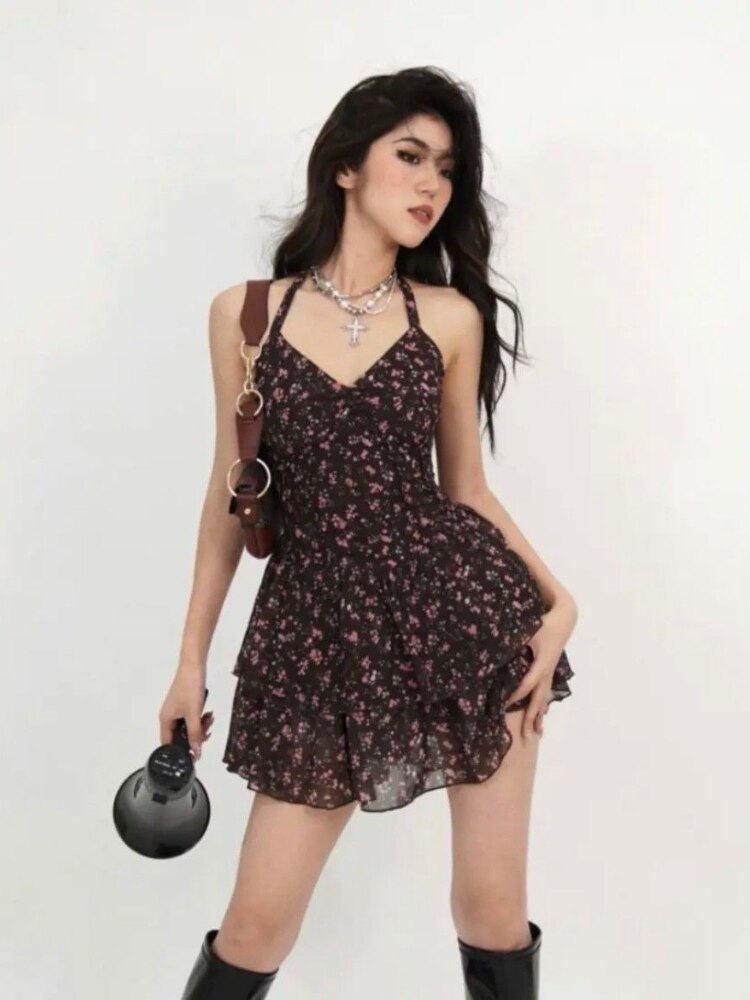 Halter Vintage Floral Dress Women Sexy Boho Bow Lace Up Backless Sleeveless Elegant Ruffle Patchwork Tunics Mini