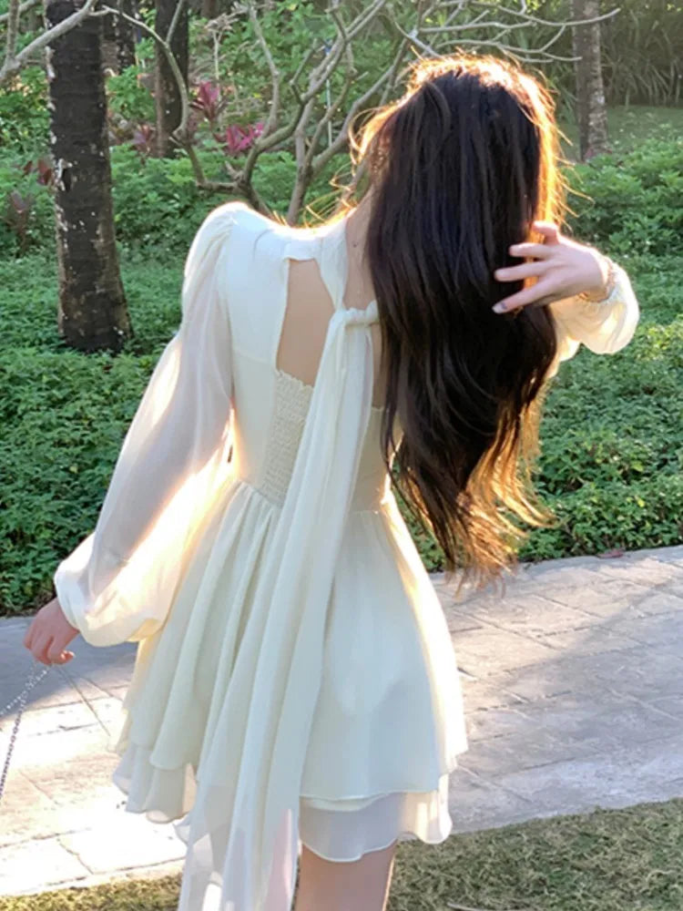 French Elegant Slim Ruffle Dress Summer Women Graduation Evening Party Robe Female Bubble Sleeve Korean Chiffon Vestidos
