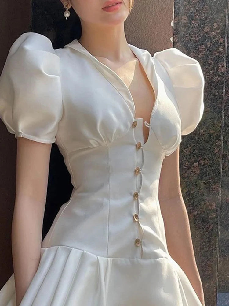 Elegant Puff Sleeve Women Dress High Waist A Line White Part Mini Dress Designed Summer Korean Slim Ol Vestidos