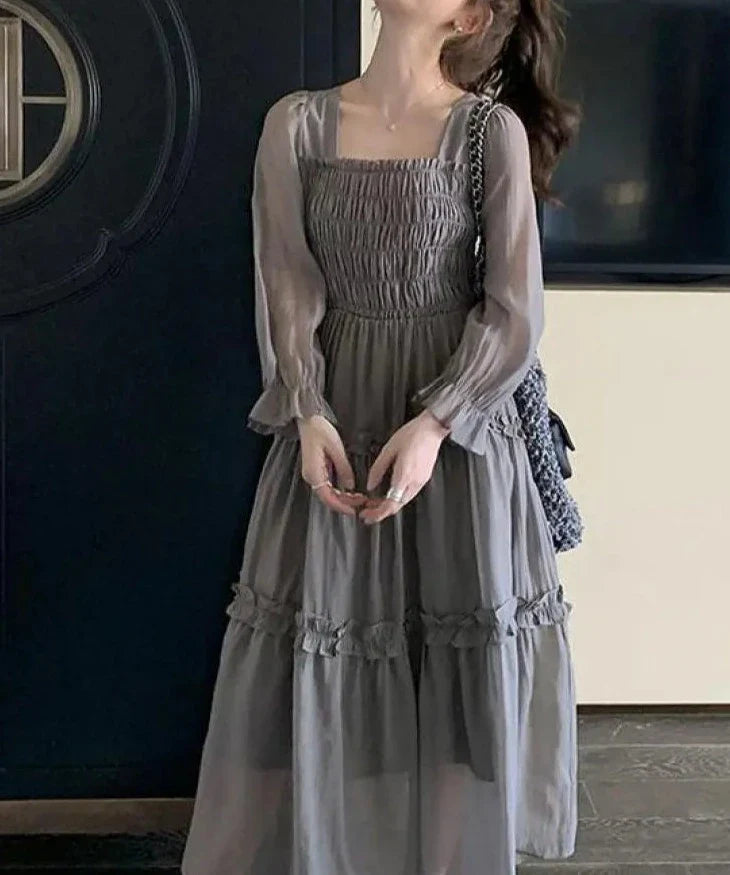 Spring Outfit Spring Autumn Vintage Gray Elegant Square Neck Ruffles Pleated Dress Women Long Sleeve Holiday Party Long Dress Robe Popular New