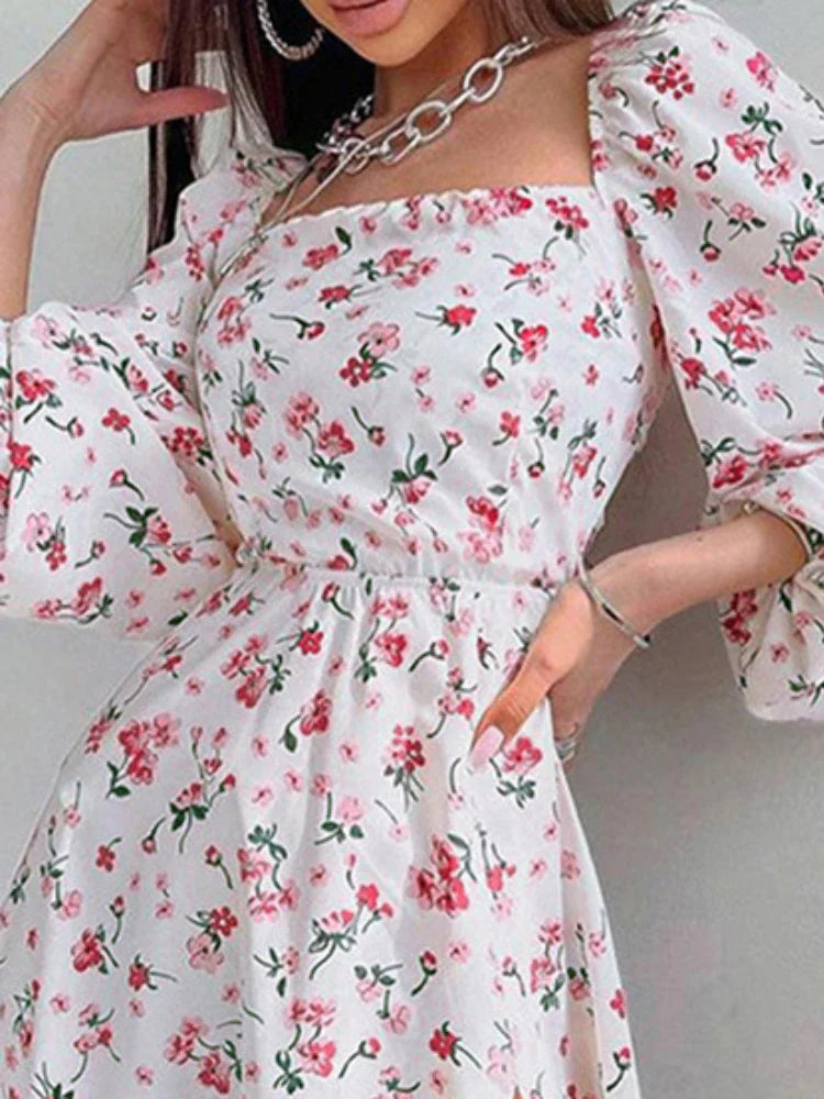 2024 New Floral Print Backless Midi Dress Women Sleeve Lantern Sleeve High Split Lady Elegant Square Collar Casual Long Dress