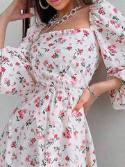 2024 New Floral Print Backless Midi Dress Women Sleeve Lantern Sleeve High Split Lady Elegant Square Collar Casual Long Dress