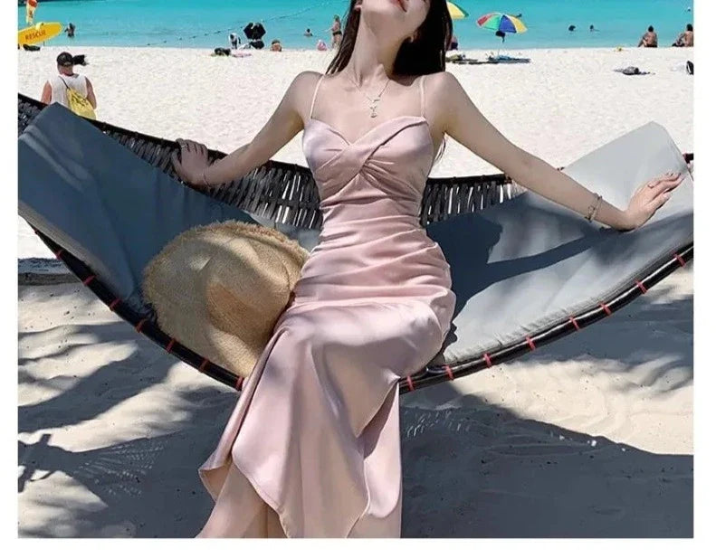 Summer Sexy Backless Satin Straps Midi Dresses for Women 2024 Elegant Party Sleeveless Female Clothing Beach Holiday Pink New