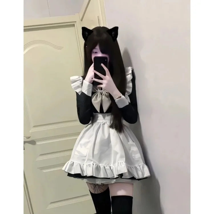 Lolita Kawaii Sweet Sailor Collar Bow Long Sleeve Dress for Women+ Y2k E-Girl Ruffles Slim Waist Apron Autumn Two Piece Setas