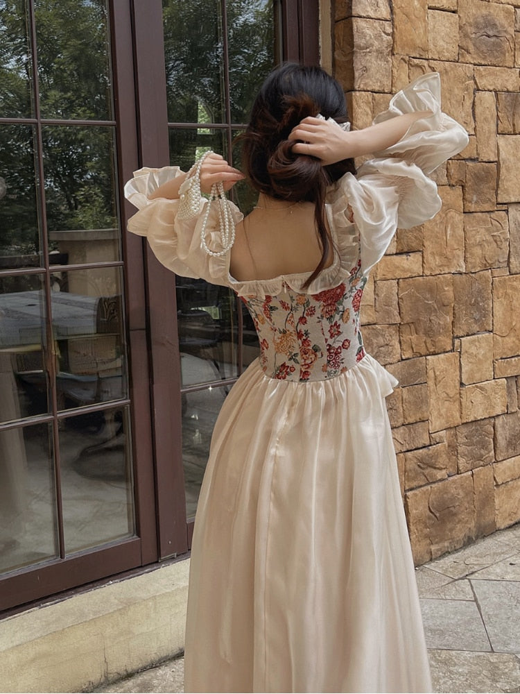 Vintage Print Elegant Dress Women 2024 Autumn O-Neck Casual Evening Midi Dress Female Puff Sleeve Korea Fairy Dress