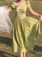 Vintage Fairy Dress Woman 2022 Summer Short Sleeve Midi Dress Casual One Piece Elegant Dress Korean Evening Fashion