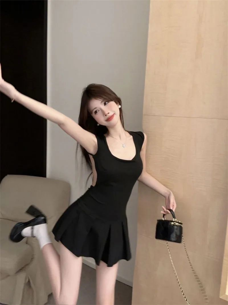 Fashion Sexy Backless Lace Up Black Dresses Y2k E-Girl Slim Waist Dress for Women 2024 Summer New A-line Vestidos Mujer