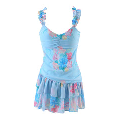 2023 Summer V-neck Sleeveless Vocation Beach Women Blue Mermaid Mini Dress