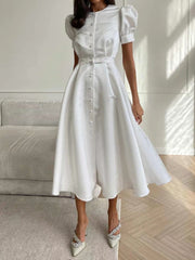 Women's Dress Single Breasted Lantern Sleeve A-line Dresses High Waist Split Mid-Length New Elegant and Pretty Dress for Women