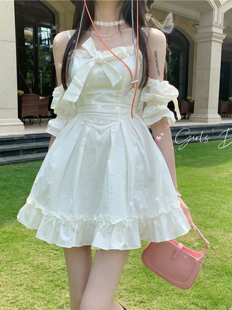 White Mini Dress Women Summer Off Shoulder Strap Dress Cute Kawaii Bow Fairy Dress Holiday Princess Sundress