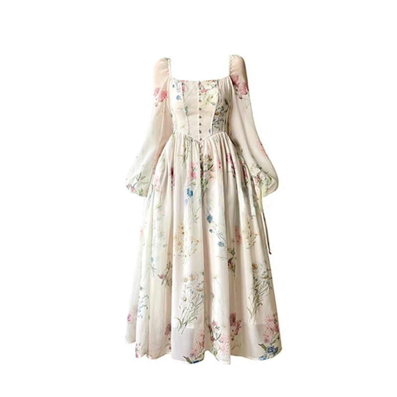 French Elegant Floral Midi Dress Chiffon Long Sleeve