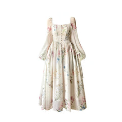 French Elegant Floral Midi Dress Chiffon Long Sleeve