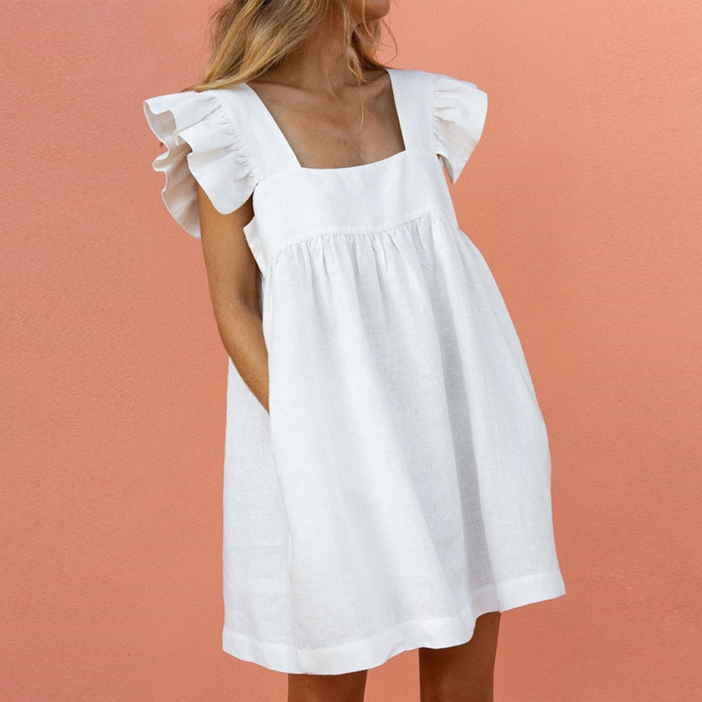 2022 New Women Sweet Dress Summer Elegant Square Collar Puffles Sleeve Solid Mini Dress Ladies Casual Loose Pocket Beach Dress