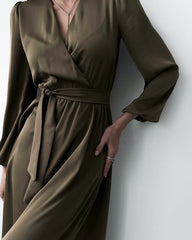 Long Dress Slit Deep V-Neck Temperament Elegant Casual Solid Color Long-Sleeved Robe Female With Belt For Party 2022 Fashion