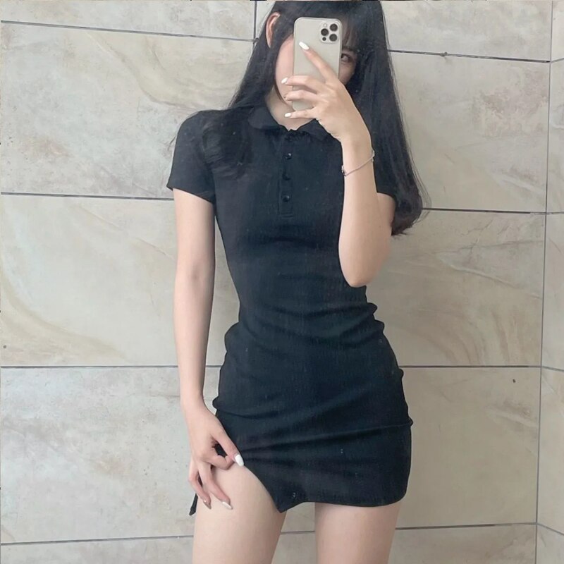 Polo Basic Mini Dress Grey Slim One Pieces Korea Lapel Dresses For Women 2022 Summer Short Sleeve Slit Skirt Sexy Sheath Outfits