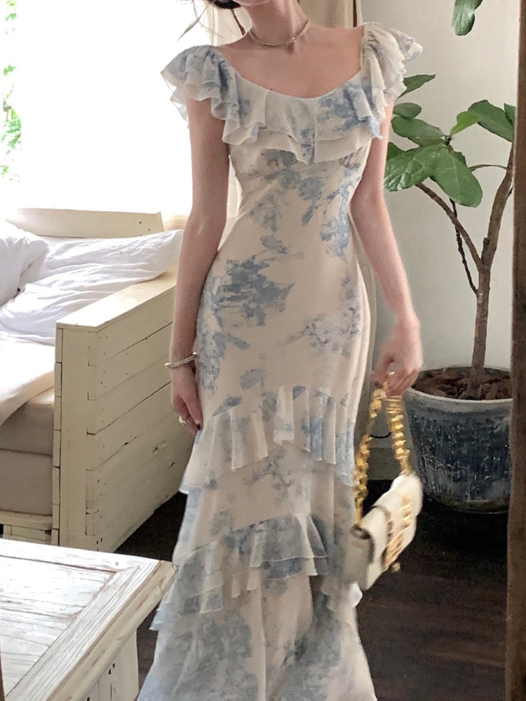 Summer Midi Dresses Women Double Ruffles Patchwork Floral Print Chiffon Dress Ladies French Vintage Elegant Mermaid Maxi Dress