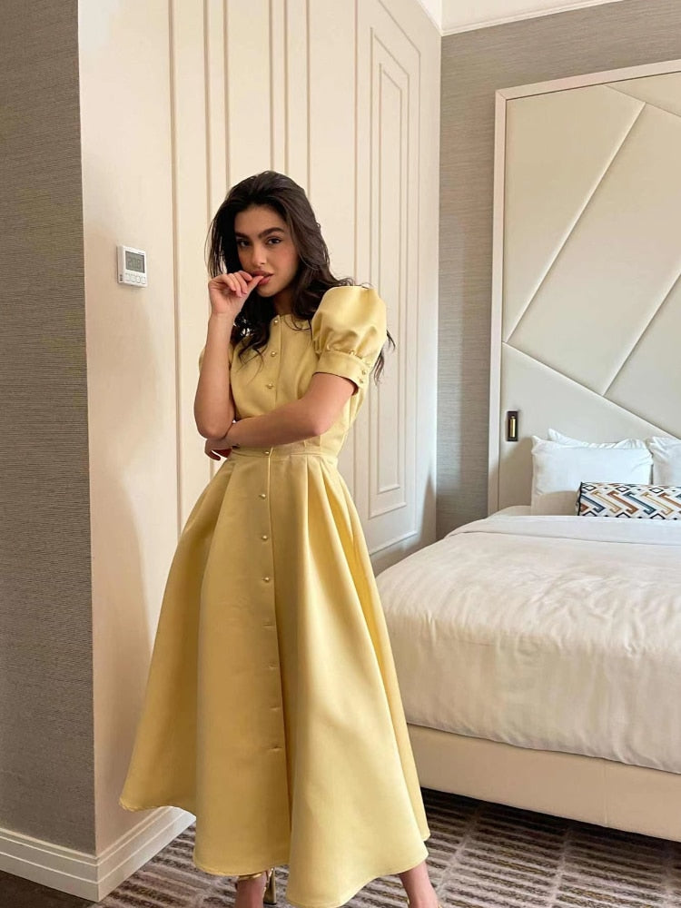 Women's Dress Single Breasted Lantern Sleeve A-line Dresses High Waist Split Mid-Length New Elegant and Pretty Dress for Women