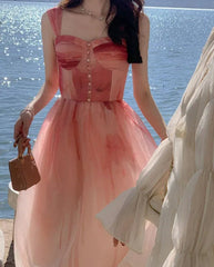 Summer Vintage Elegant Dress Women Casual Princess Midi Fairy Strap Dress Beach Female 2022 One Piece Dress Korean