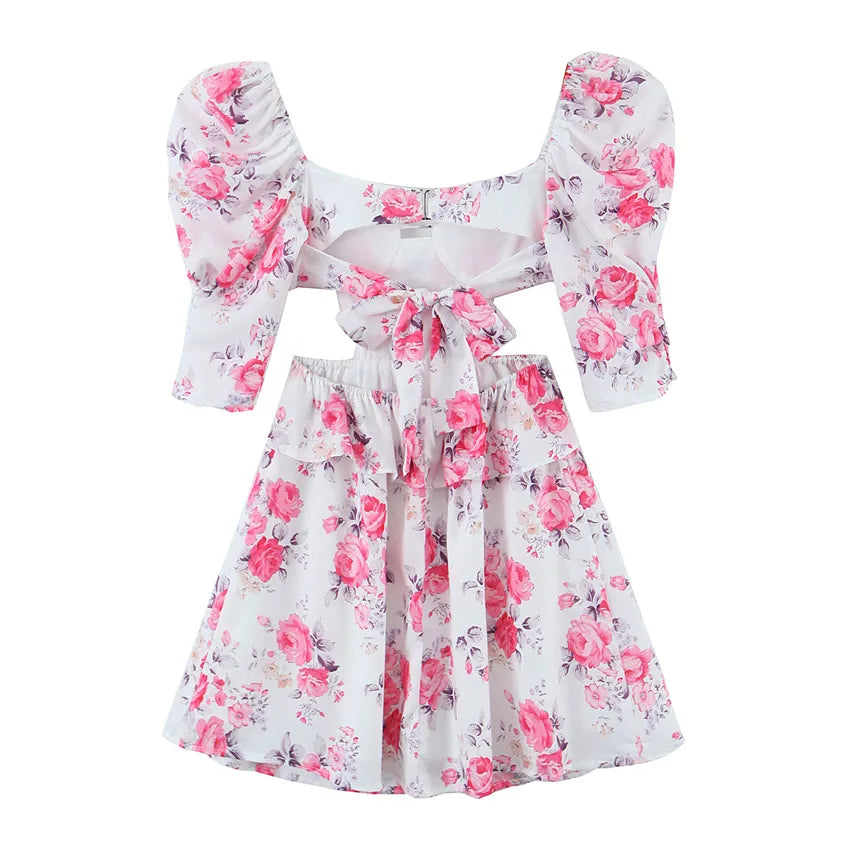 High Quality 2023 Summer Vocation Holiday Floral Short Sleeve Backless Women Mini Dress