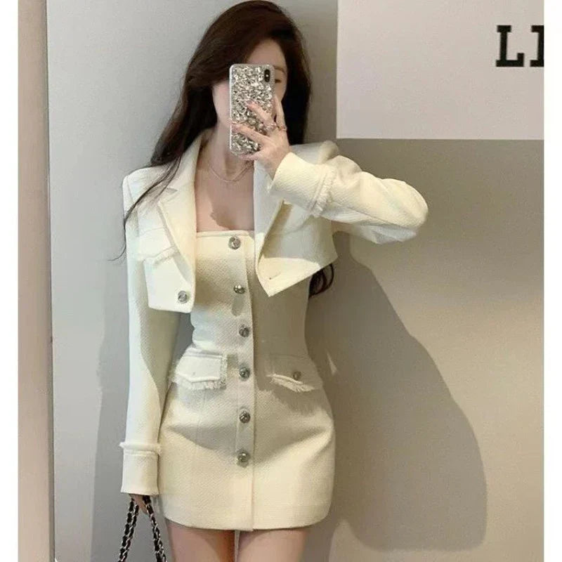 Dress Sets Roupas Femme Temperament 2 Piece  Women Chic Tassel Long Sleeve Crop Coat Mini Bodycon Dresses Suit Y2k Outfits