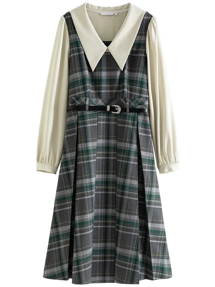 Korean Style Fake Two-piece Dress for Women Lapel Yarn-dyed Plaid Twill Dress Female Winter New