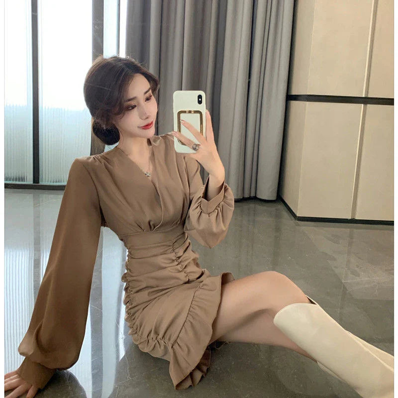 Elegant Women Mini Dress Vintage Tunic Irregular Long Sleeve Korean Office Ladies Ruffles Dress Sexy V Neck Party Vestidos