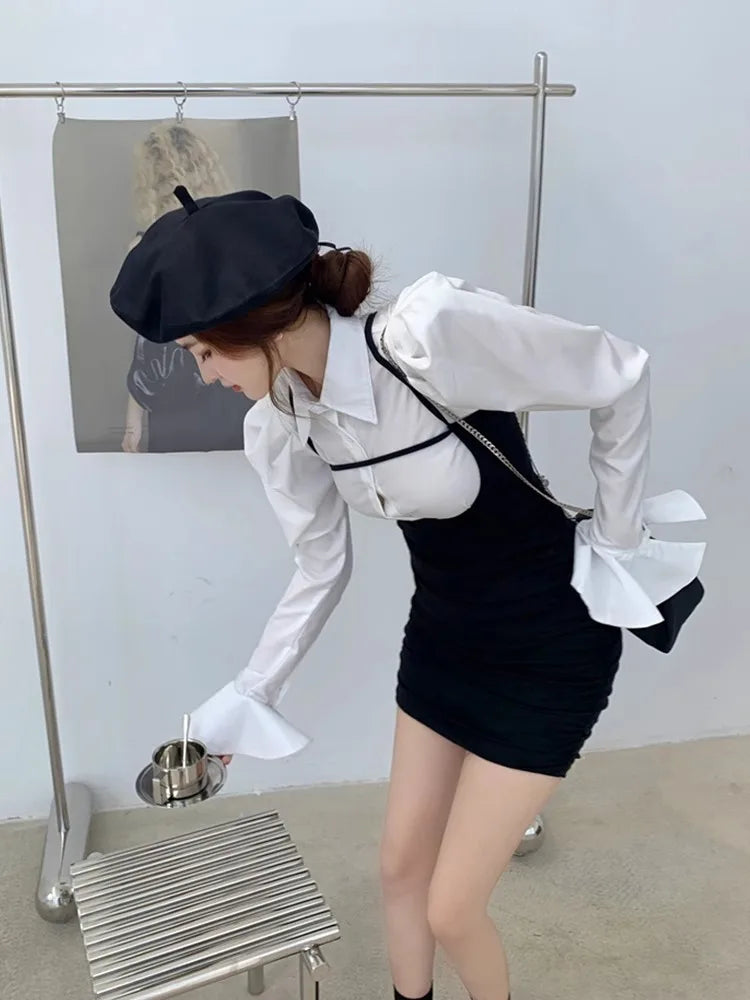 Fashion Simple Puff Sleeve White Shirts Women+ Y2k E-Girl Sexy Slim Waist Black Strap Dresses Summer New Two Piece Sets