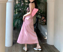 Spring Outfit Sleeveless Dress Women Pink Halter Sundress Girl Sweet Sexy Retro Streetwear Harajuku Long Dresses