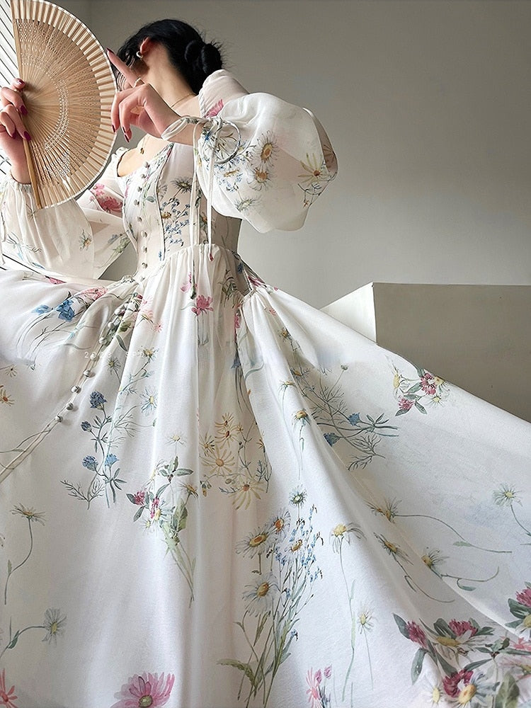 French Elegant Floral Midi Dress Chiffon Long Sleeve