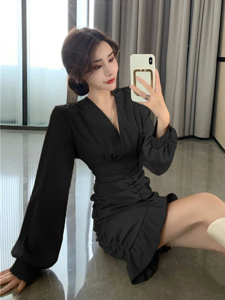 Elegant Women Mini Dress Vintage Tunic Irregular Long Sleeve Korean Office Ladies Ruffles Dress Sexy V Neck Party Vestidos