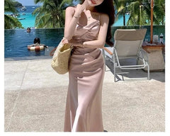 Summer Sexy Backless Satin Straps Midi Dresses for Women 2024 Elegant Party Sleeveless Female Clothing Beach Holiday Pink New