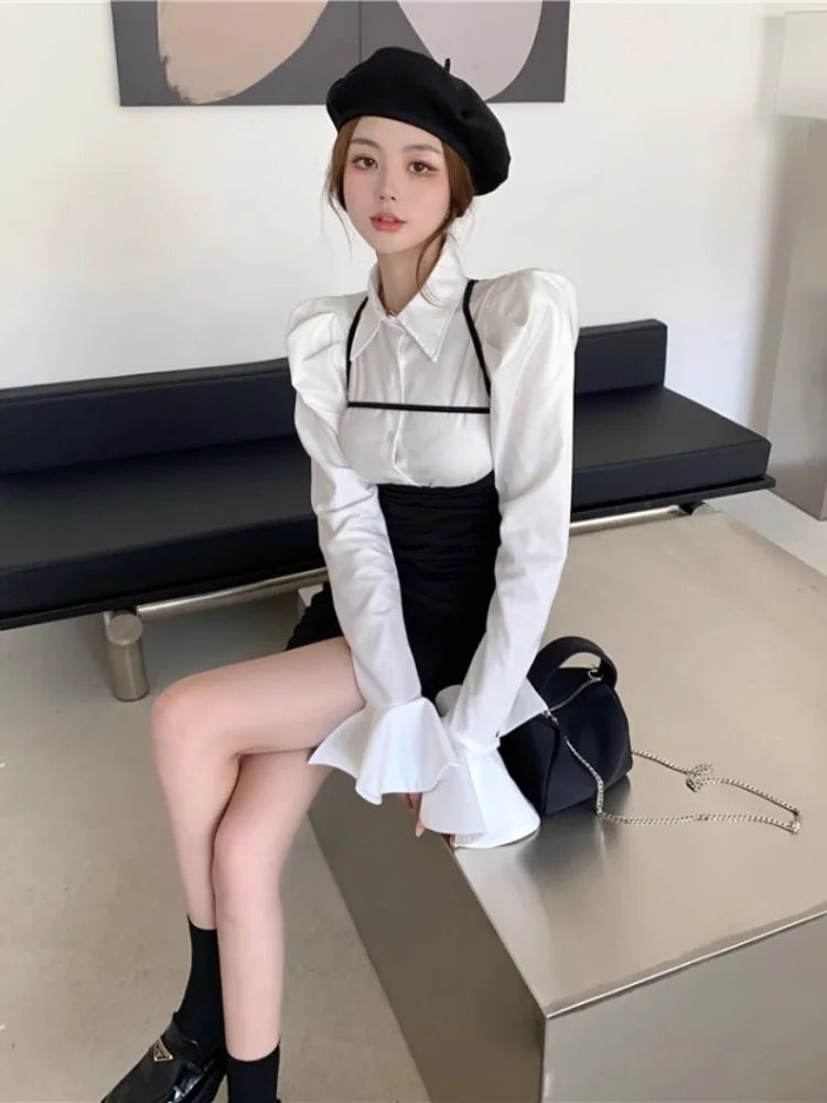 Fashion Simple Puff Sleeve White Shirts Women+ Y2k E-Girl Sexy Slim Waist Black Strap Dresses Summer New Two Piece Sets