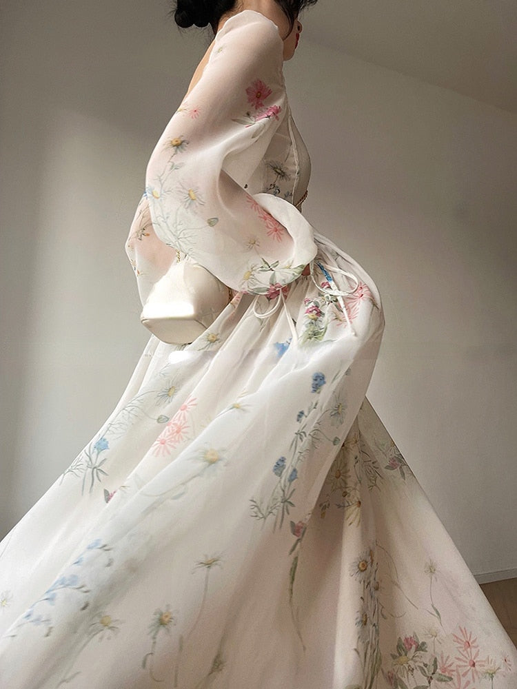 French Elegant Floral Midi Dress Chiffon Long Sleeve