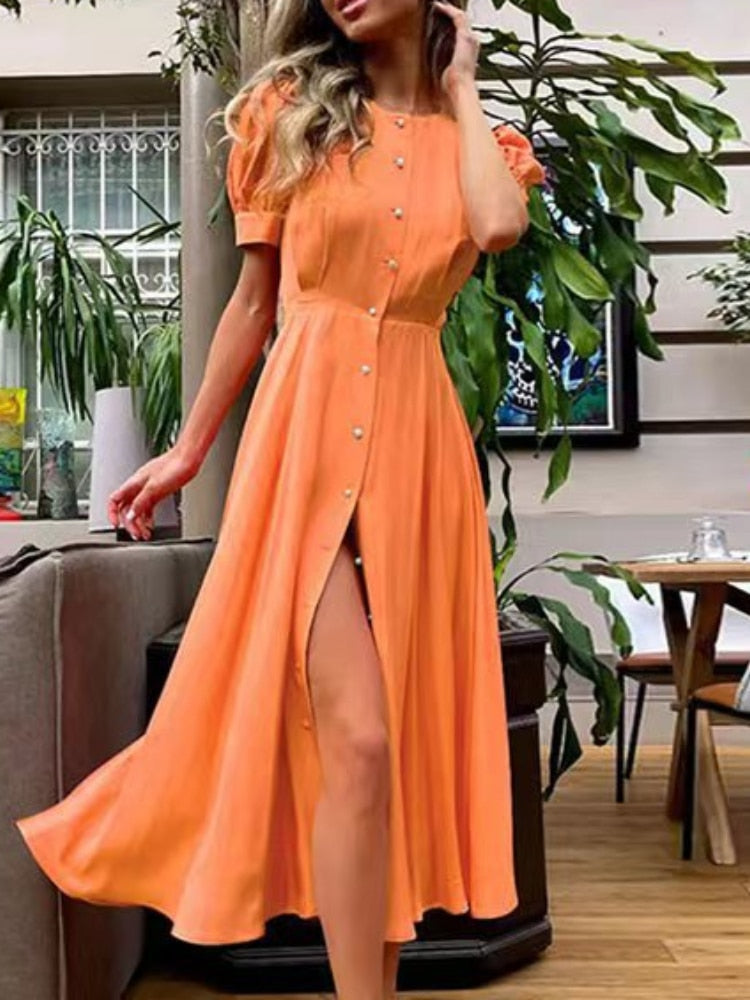 Women's Dress Single Breasted Lantern Sleeve A-line Dresses High Waist Split Mid-Length New Elegant and Pretty Dress for Women