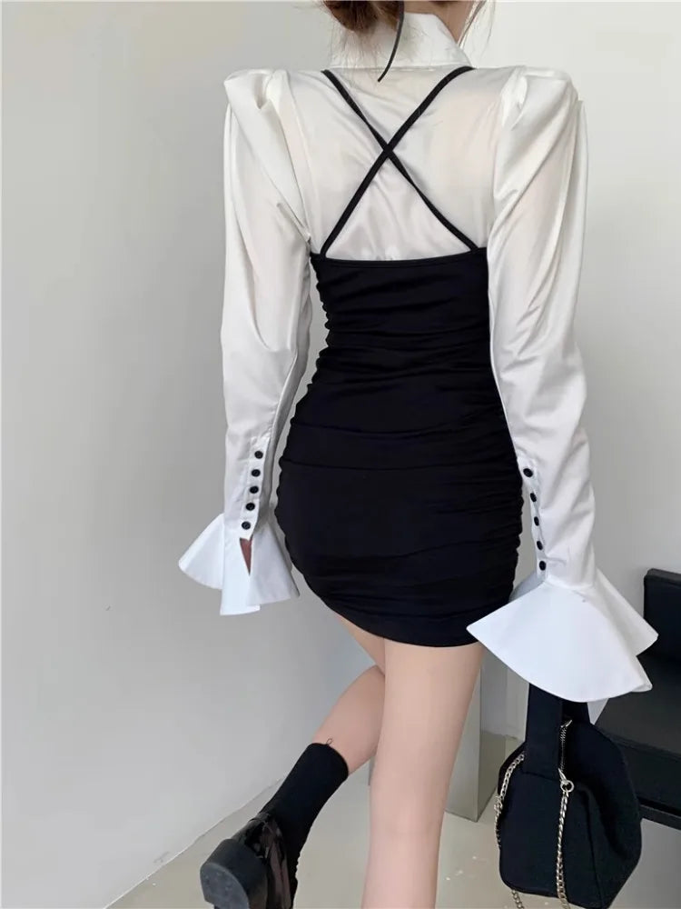 Fashion Simple Puff Sleeve White Shirts Women+ Y2k E-Girl Sexy Slim Waist Black Strap Dresses Summer New Two Piece Sets