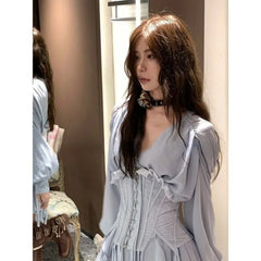 Sweet Blue Mesh Slim Waist Cummerbund+ Y2k Grunge V-neck Long Sleeve A-line Dress for Women 2024 Spring New Two Piece Sets