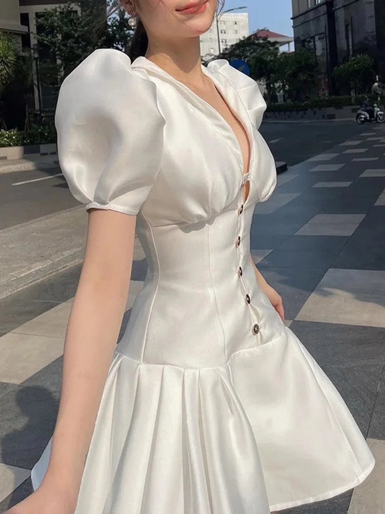 Elegant Puff Sleeve Women Dress High Waist A Line White Part Mini Dress Designed Summer Korean Slim Ol Vestidos