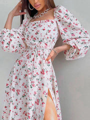 2024 New Floral Print Backless Midi Dress Women Sleeve Lantern Sleeve High Split Lady Elegant Square Collar Casual Long Dress