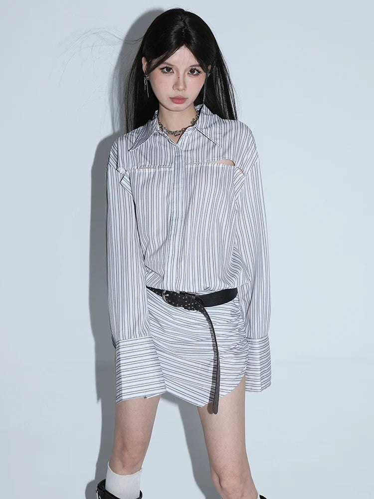 Blue Gray Stripe Shirt Dress Sexy Lapel Long Sleeve Irregular Skirt for Women Fashion Slim Fit Office Lady Mini Dresses