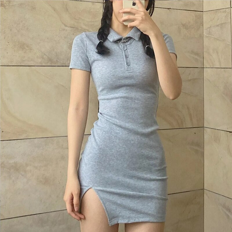 Polo Basic Mini Dress Grey Slim One Pieces Korea Lapel Dresses For Women 2022 Summer Short Sleeve Slit Skirt Sexy Sheath Outfits