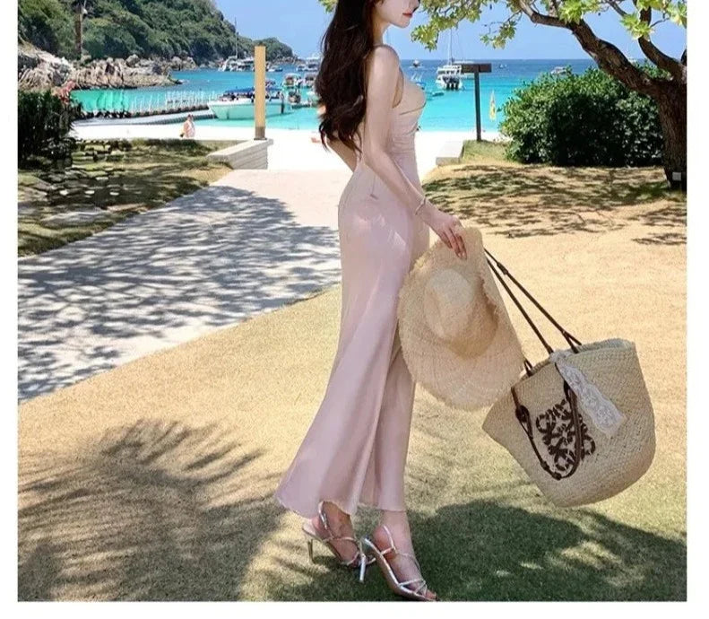 Summer Sexy Backless Satin Straps Midi Dresses for Women 2024 Elegant Party Sleeveless Female Clothing Beach Holiday Pink New