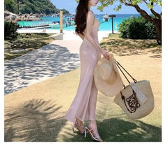 Summer Sexy Backless Satin Straps Midi Dresses for Women 2024 Elegant Party Sleeveless Female Clothing Beach Holiday Pink New