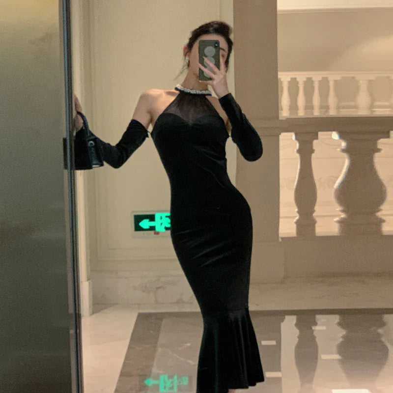 Sexy Bodycon Black Velvet Midi Dresses for Women Spring Autumn Elegant Sleeveless Mermaid Female Clothing Evening Party Robe New