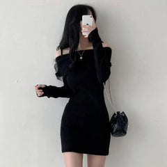 Women's Dresses Bodycon Clothing Over The Shoulder Solid Female Dress Extreme Mini Crochet Sexy Daring One Knit Short Harajuku