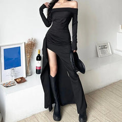 Sexy Ruched Slash Neck Vestidos Mujer Y2k E-Girl Long Sleeve Black Dress for Women Mid-length Bodycon Split Knitted Dresses