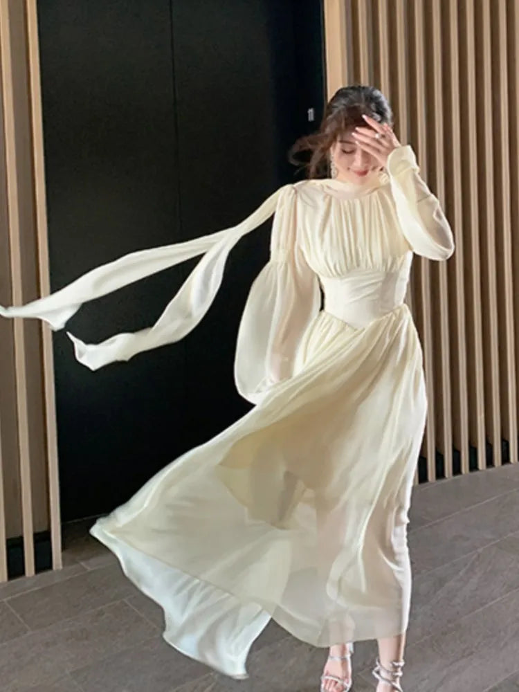 French Elegant Slim Ruffle Dress Summer Women Graduation Evening Party Robe Female Bubble Sleeve Korean Chiffon Vestidos