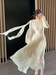 French Elegant Slim Ruffle Dress Summer Women Graduation Evening Party Robe Female Bubble Sleeve Korean Chiffon Vestidos