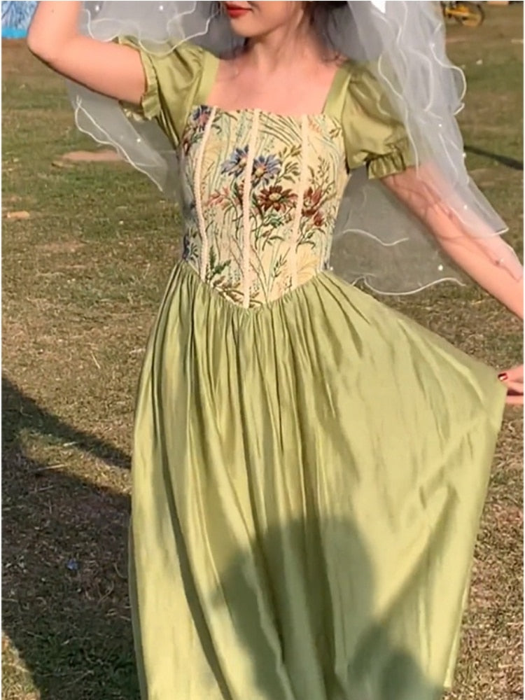 Vintage Fairy Dress Woman 2022 Summer Short Sleeve Midi Dress Casual One Piece Elegant Dress Korean Evening Fashion