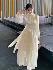 French Elegant Slim Ruffle Dress Summer Women Graduation Evening Party Robe Female Bubble Sleeve Korean Chiffon Vestidos